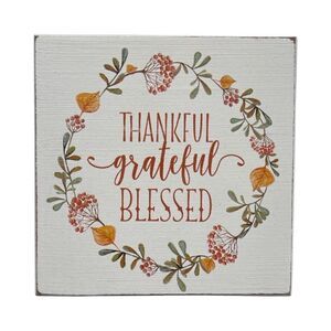 Thankful Grateful Blessed Whitewashed Distressed Wood Sign Quill to Paper NWT